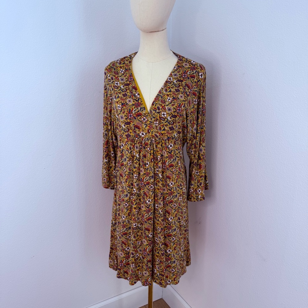 Boden Mustard Floral V-Neck Long Sleeve Dress - Size 8R